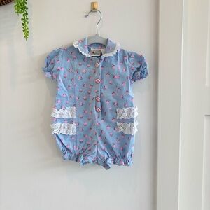 Vintage 80's Lightning Bug Baby Blue Dainty Floral Ruffle Girls Romper 6-9 month